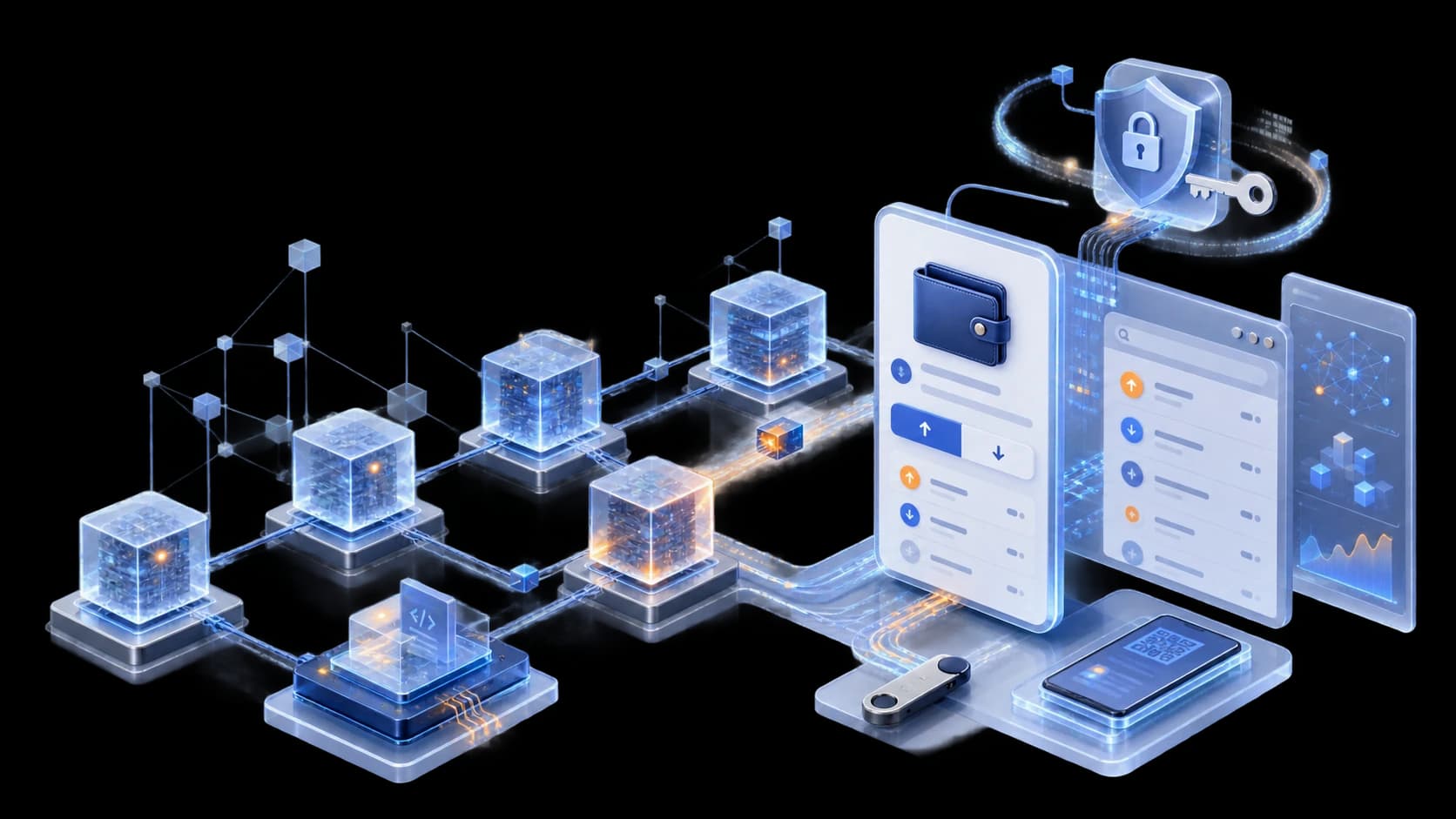 Concept visual of blockchain nodes, a digital wallet, and secure interactions
